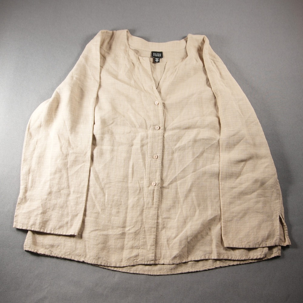 Eileen Fisher Italian Linen Blend Button Front Women Blouse M Long Sleeve Boho - Picture 2 of 15